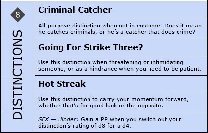 The distinctions section of the character file. The distinctions are "Criminal Catcher", "Going For Strike Three?", and "Hot Streak", and all of them have descriptions. The "Hinder" SFX is at the end of the section, as it applies to all three distinctions.
