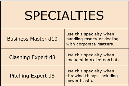 The specialties section of the character file. It has a Business Master specialty, a Clashing Expert specialty, a Pitching Expert specialty, and descriptions for each of those.