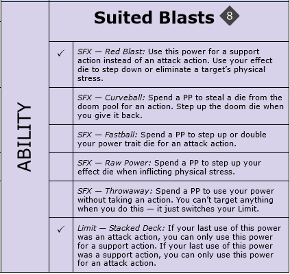 The ability section of the character file. It has a "Suited Blasts d8" power trait at the top, an unlocked SFX that lets the power contribute to support actions for healing, a limit that describes how the power switches between attack and support, and four SFX options that aren't unlocked yet.